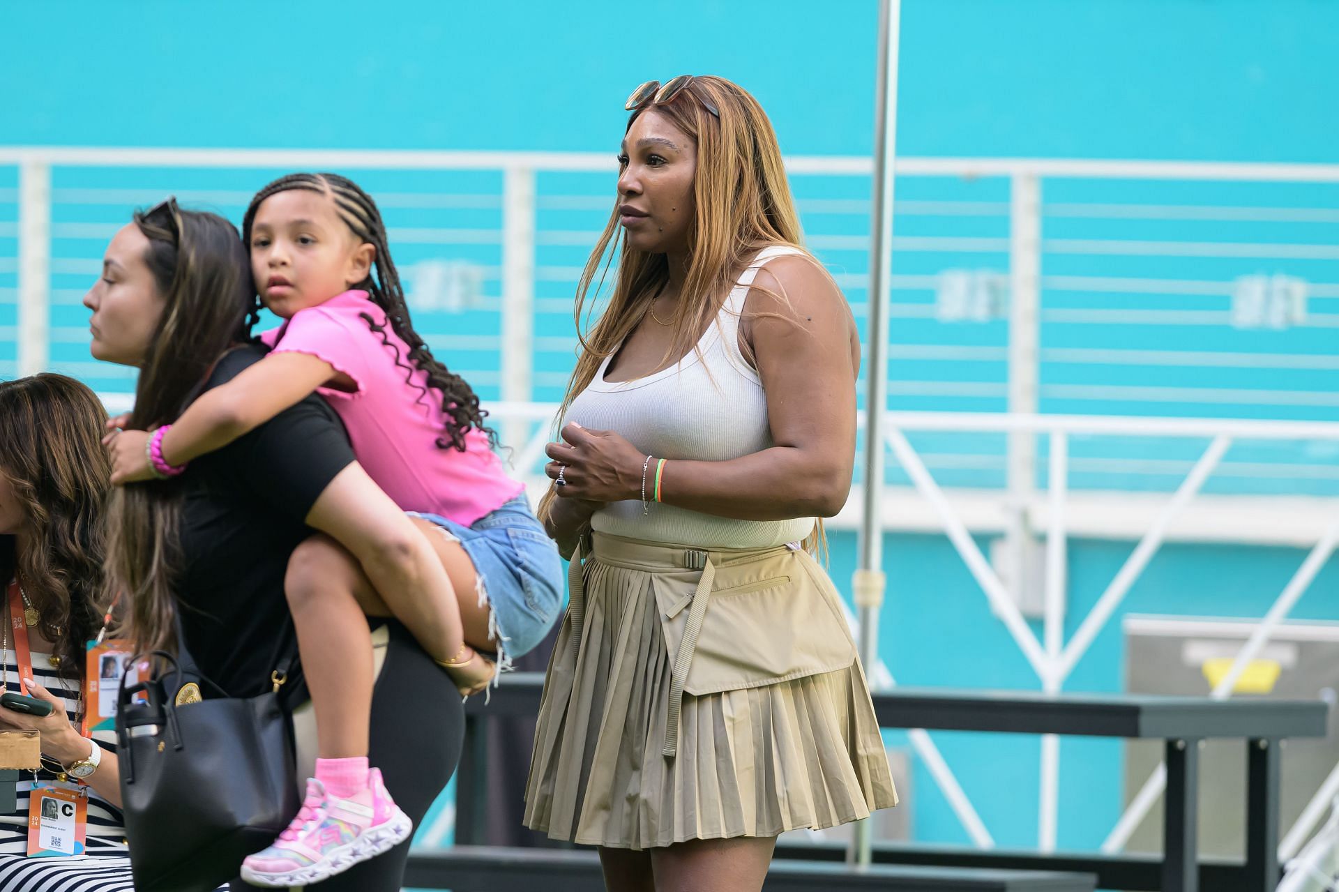 Serena Williams (right) and 7-year-old daughter Olympia (on piggyback) at the 2024 Miami Open. Image: Getty